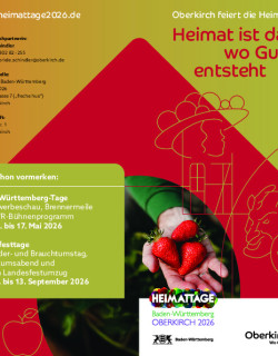 Ein Informationsblatt zu den "Heimatagen 2026" in Oberkirch. Es hebt Veranstaltungen wie die Baden-Württemberg-Tage und den Landestag hervor, begleitet von bunten Grafiken und Details zur Kontaktaufna